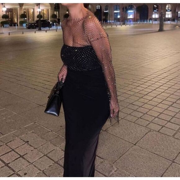 Rhinestone Flared Long Sleeve Sparkle Crop Top Glitter See Through Fishnet Cover - Picture 8 of 11